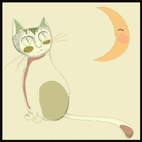 Cat and Crescent, cartoon children's illustration. — Stock Vector