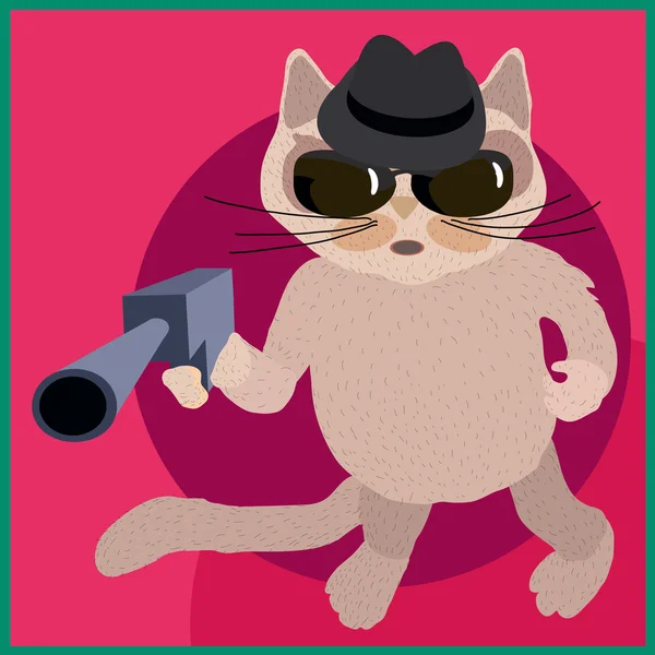 Gatto gangster con una pistola in mano. Disegno in stile cartone animato . — Vettoriale Stock