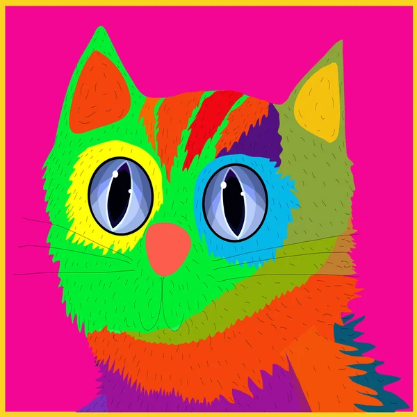 Gato alegre colorido em um fundo rosa. Retrato emoldurado em um estilo de desenho animado. Ilustração infantil. Cartão postal. Para imprimir camisetas . — Vetor de Stock