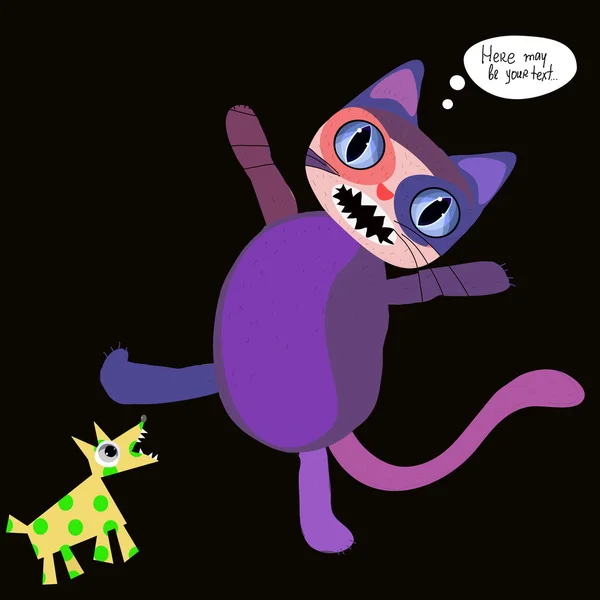 Gato y perro en estilo de dibujos animados sobre un fondo negro . — Vector de stock