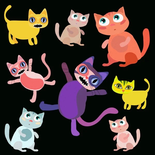 Hermosos gatos brillantes en estilo de dibujos animados. Ilustración vectorial . — Archivo Imágenes Vectoriales