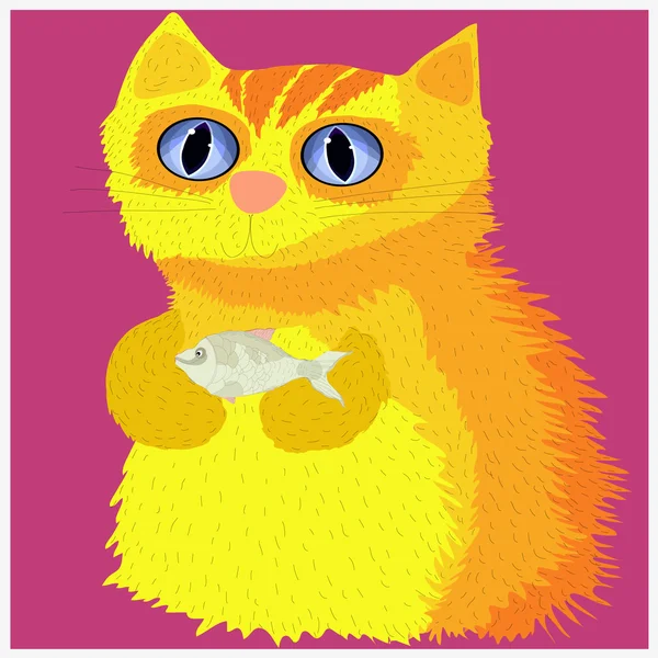 Gato amarillo alegre con un pez en sus manos.La familia feliz del gato prepara el pescado para la cena . — Archivo Imágenes Vectoriales