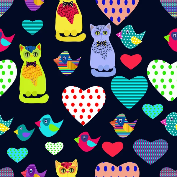 Lindos gatos, pájaros, peces en estilo de dibujos animados sobre un fondo negro. Ilustración vectorial. La composición terminada para imprimir. Textiles, Camiseta, Papel pintado, diseño . — Vector de stock