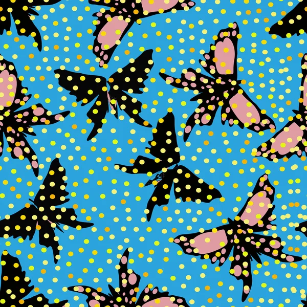 Papillon sur fond bleu et cercles jaunes. Sans couture . — Image vectorielle