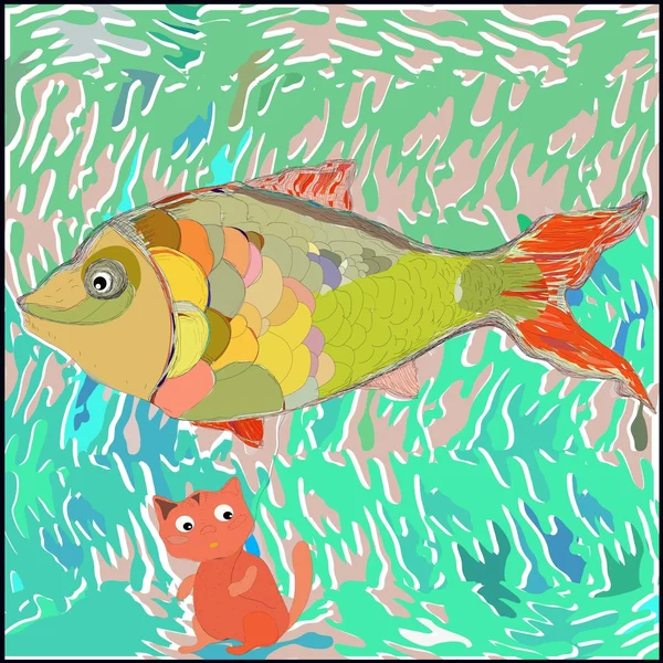 Kitty and big fish cartoon illustration. — Stockvector