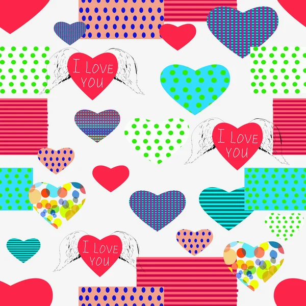 Contexto abstrato de formas geométricas e corações dedicados ao Dia de São Valentim. Sem emenda  . — Vetor de Stock