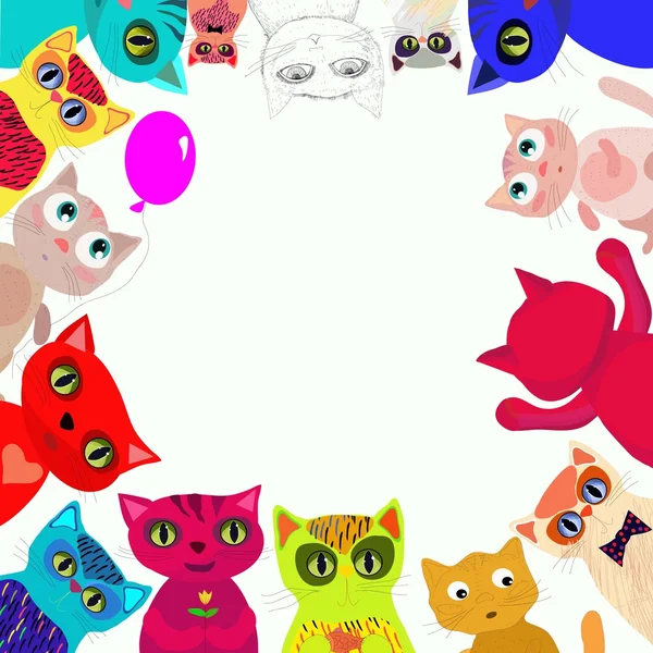 Alegre compañía de gatos multicolores en estilo de dibujos animados. Ilustración vectorial de niños . — Vector de stock