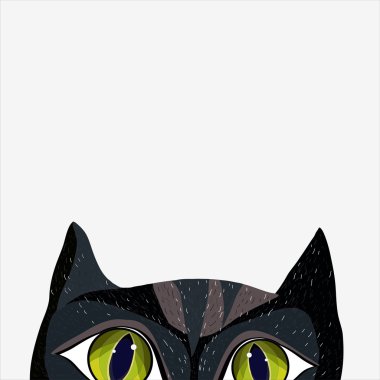 Kara kedi çizgi film tarzı ilginç görünüyor. Vektör çizim. T-shirt üzerine baskı. Poster. Tasarım. İzole.