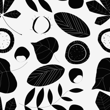 Black and white composition of leaves and chestnuts. Seamless. The finished composition for textile design. Wrapping paper, wallpaper. vector