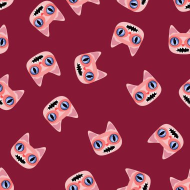 Kahverengi bir arka plan üzerinde neşeli pembe kedi. Sorunsuz.