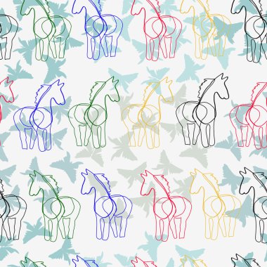 Beyaz bir arka plan üzerinde renkli atları silüeti. Sorunsuz.