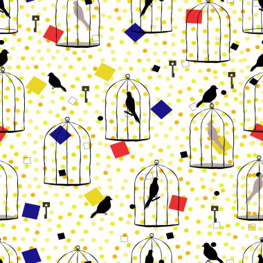 Kuşlar ve hücre, çizim hafif bir arka plan üzerinde siyah ve beyaz. Sorunsuz.