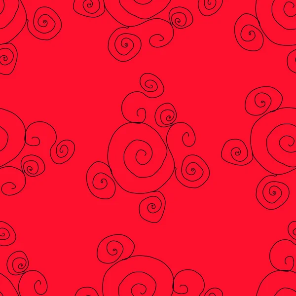 Rizos negros sobre fondo rojo. Sin costuras . — Vector de stock