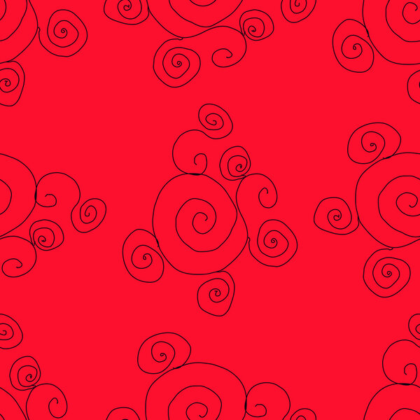 Black curls on a red background. Seamless.