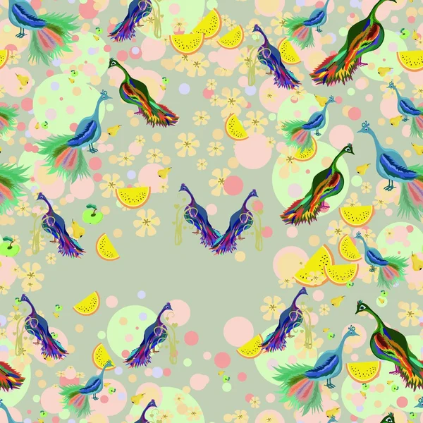 Fondo inconsútil colorido con pavos reales y flores . — Vector de stock