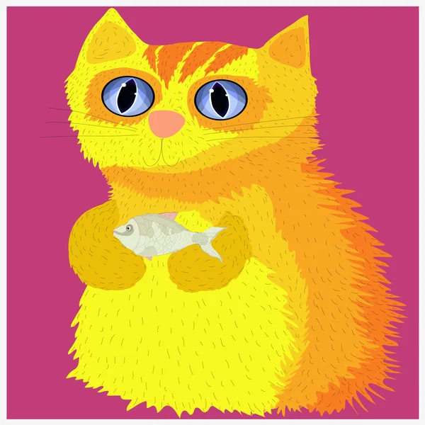 Vrolijke gele kat met een vis in zijn handen. Gelukkige familie van kat bereidt vis voor het diner. — Stockvector