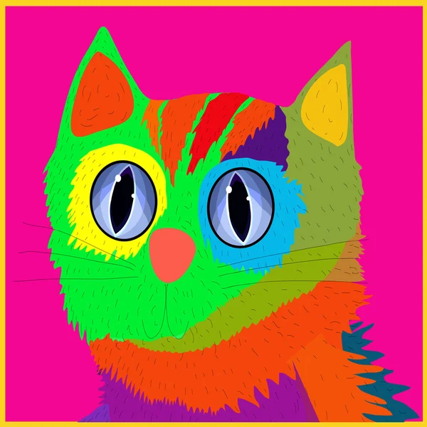 Coloured cheerful cat on a pink background. Portrait framed in a cartoon style. Children's illustration. Postcard. For printing T-shirts. — Stock Vector