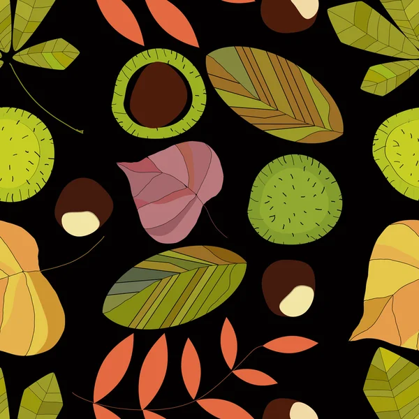 Autumn composition of leaves and fruit trees on a dark background.Chestnuts. Seamless pattern. — Stock Vector