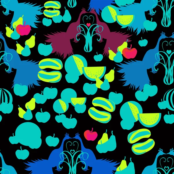 Hermoso cuento oriental, ilustración vectorial sin fisuras. Pavos reales, fruta, corazón sobre un fondo oscuro. Composición textil acabada. Diseño. Fondos de pantalla . — Vector de stock