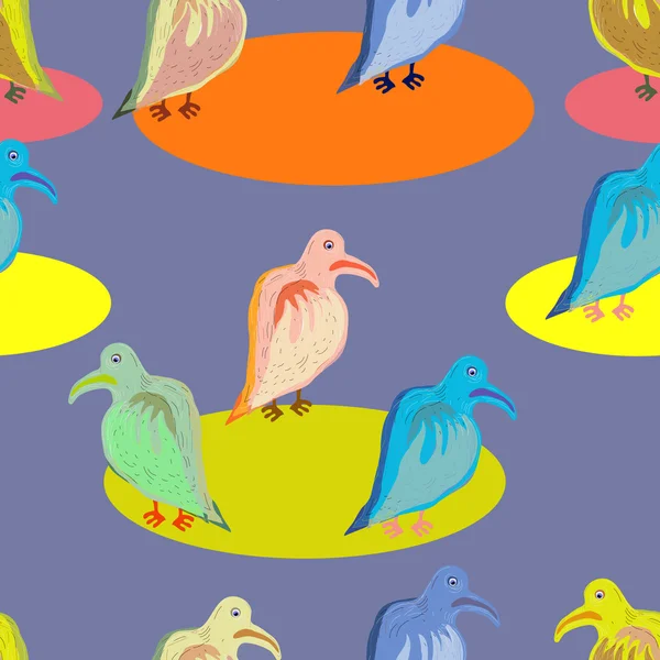 Aves multicolores en estilo de dibujos animados sobre fondo gris-azul. Vector sin costura . — Vector de stock