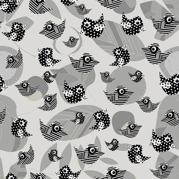 Composición monocromática de aves y hojas sobre un fondo gris. Sin costuras . — Vector de stock