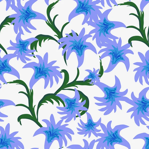 Delicadas flores azules con hojas sobre un fondo blanco.Sin costuras — Vector de stock