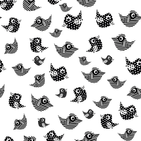 Pájaros negros de tiras y puntos sobre un fondo blanco. Sin costuras . — Vector de stock