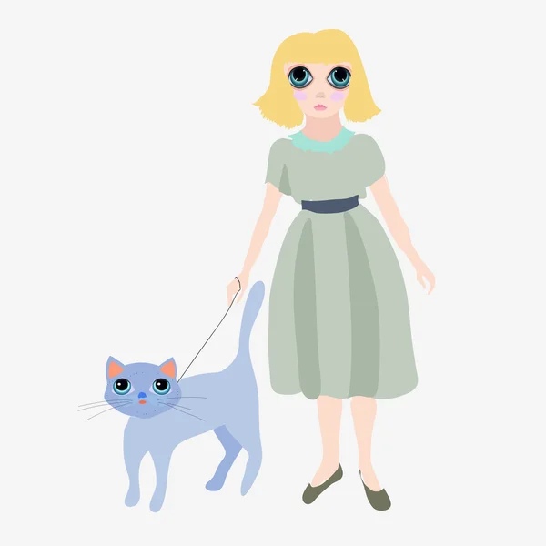 Girl on a walk with a domestic cat. — Stock Vector