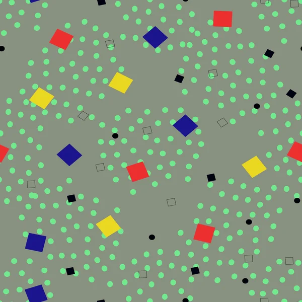 Cuadrados amarillos, rojos, azules y puntos verdes sobre un fondo gris. Sin costuras . — Vector de stock