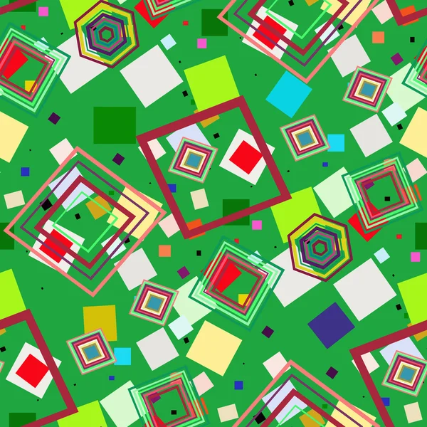 Náhodně uspořádat barevnými čtverečky na zeleném pozadí. Bezešvé. — Stockový vektor