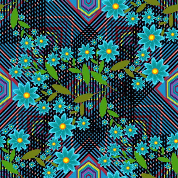 Flores azules y formas geométricas.Sin costuras . — Vector de stock