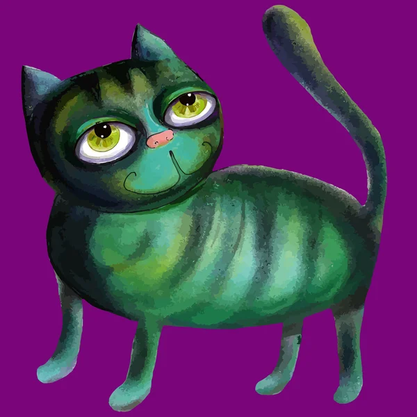 Veselý zelený kočka v kreslených stylu. Fialové pozadí. — Stockový vektor