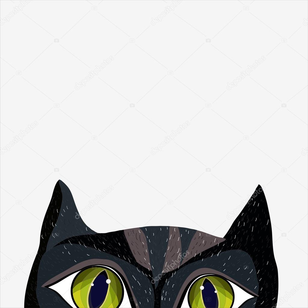 Black cat in cartoon style looks interesting. Vector illustration. Printing on T-shirt. Poster. Design. Isolated.