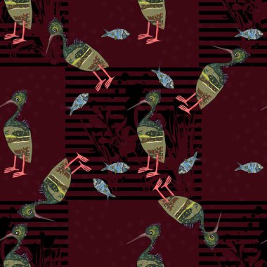 Herons and fish on a brown background. Seamless. clipart