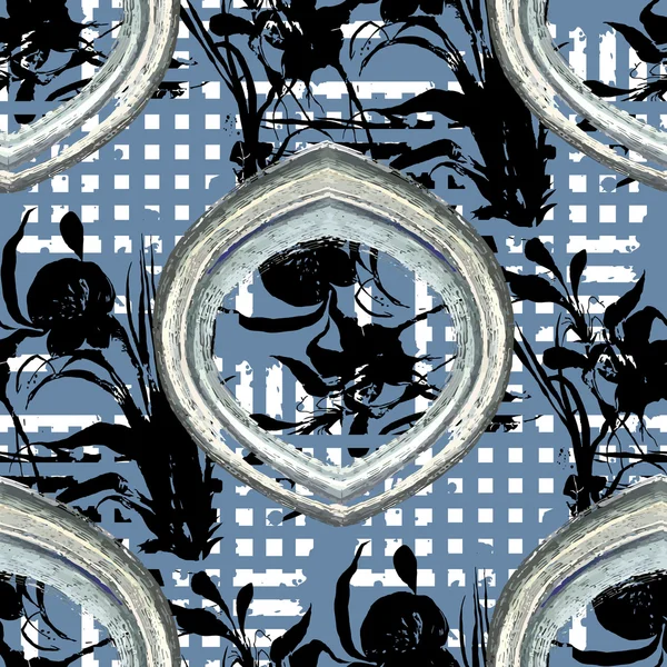 Patrón floral negro y un cuadrado azul sobre un fondo blanco . — Vector de stock