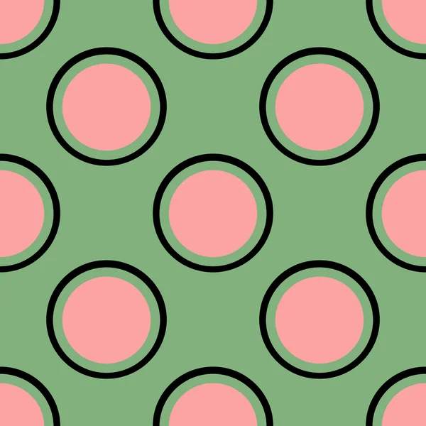 Círculos cor de rosa com listras pretas em um fundo verde. Belo padrão sem emenda geométrico abstrato . — Vetor de Stock