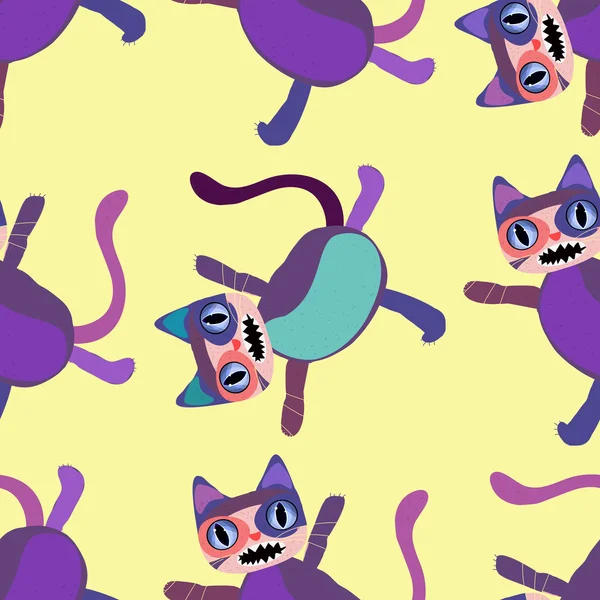 Seamless mönster med tecknade katter på gul bakgrund — Stock vektor