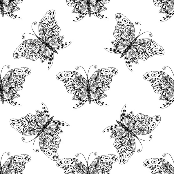 Gráfico negro de una mariposa sobre fondo blanco.Sin costuras . — Vector de stock