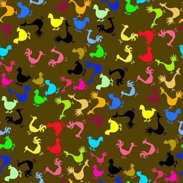 Barvitý abstraktní ptáci na hnědé pozadí. Bezešvé. — Stockový vektor