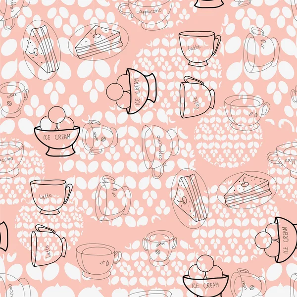 Tazas de café y platillos con postre sobre fondo rosa. Sin costuras . — Vector de stock