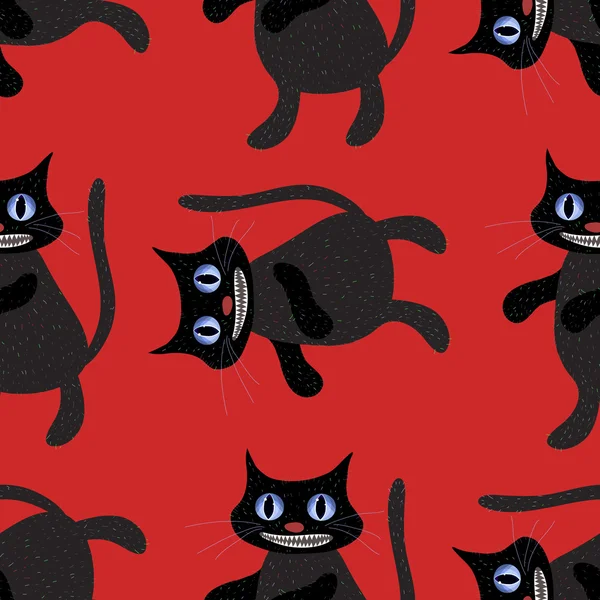 Scary toothy black cats on a red background. Seamless. — Stock Vector