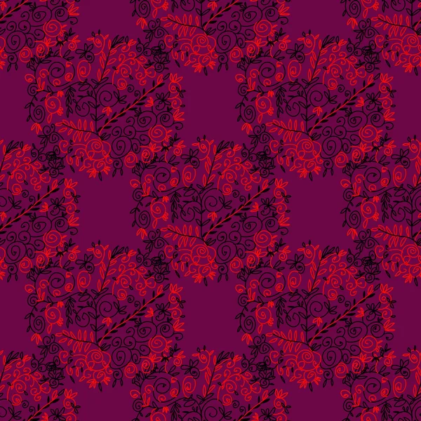 Adorno floral rojo y negro sobre fondo púrpura. Sin costuras . — Vector de stock