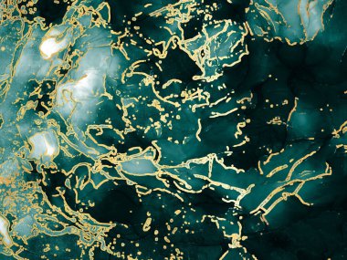 Alkol soyut. Zümrüt Gökyüzü rengi, Tidewater Yeşil Altın Pigment. Deniz dalgaları baskı yapıyor. Su Sıvısı. Akuamarin alkol mürekkebi. Alkol Mürekkebi Çizgileri. Mavi Soyut.