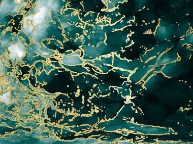 Kartlar için arka plan. Yeşil. Koyu mavi, Tidewater Yeşil Altın Lekeleri. Okyanus dalgaları döküldü. Su Noktaları. Aquamarine Ink çizildi. Alkol Mürekkebi lekeleri. Renkli Doku.