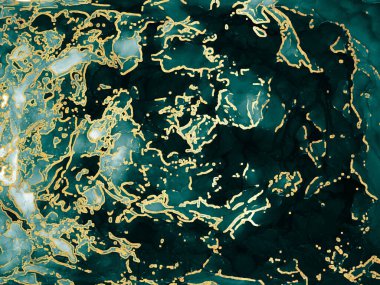 Alkol mürekkebi dokusu. Zümrüt Okyanus rengi, Tidewater Yeşil Altın Lekeleri. Saydam bulutlar iz bırakır. Su Boşanmaları. Akuamarin alkol mürekkebi. Alkol Mürekkebi lekeleri. Mürekkep Yıkama Pastası.