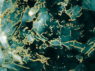 Alkol mürekkebi dokusu. Çimenler. Gökyüzü rengi, Tidewater Yeşil Altın Lekeleri. Şeffaf bulutlar. Su mermeri. Aquamarine Aquarelle boyası. Alkol Mürekkebi. Renkli Doku.