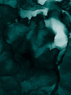 Kartlar için arka plan. Yeşil. Koyu mavi, Tidewater Yeşil Altın Lekeleri. Buz arkaplanı sıçraması. Su lekeleri. Aquamarine Aquarelle çizildi. Alkol Mürekkebi Pigmenti. Bulutlar Makro.