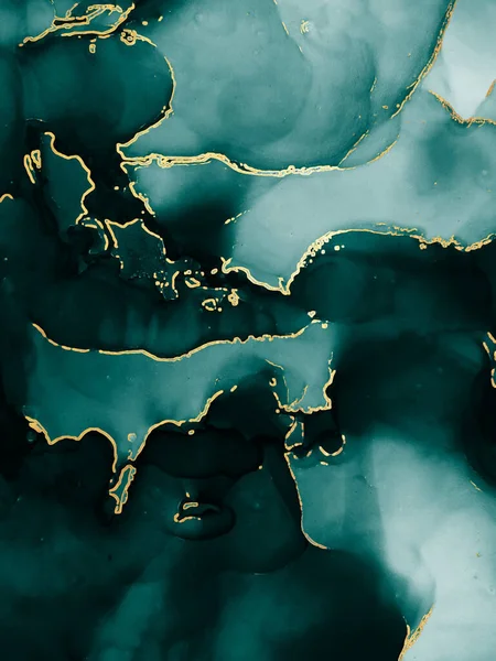 Alkol mürekkebi dokusu. Malachite. Indigo, Tidewater Yeşil Altın Çizgileri. Gökyüzü bulutları şeritleri. Su Smearing. Aquamarine Gouache boyası. Alkol Mürekkebi lekeleri. Renkli Doku.