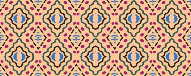 Geometrik baskı. Arka plan tekrarlanıyor. Klasik halı stili. Bohem batik. Lüks mürekkep çizilmiş. Ultramarine, Rose ve Atlantic Blue. Sarı.