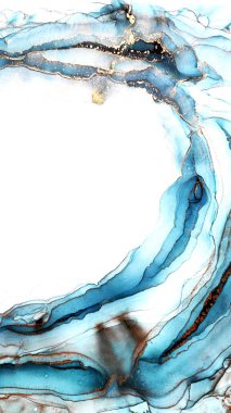 Renkli doku. İndigo, Beyaz ve Altın Çizgiler. Okyanus suyu lekesi. Su Mürekkebi duvar kağıdı. Aquamarine Damlaları Yıkama Çizimi. Alkol Mürekkebi lekeleri. Mürekkep Yıkama Pastası.